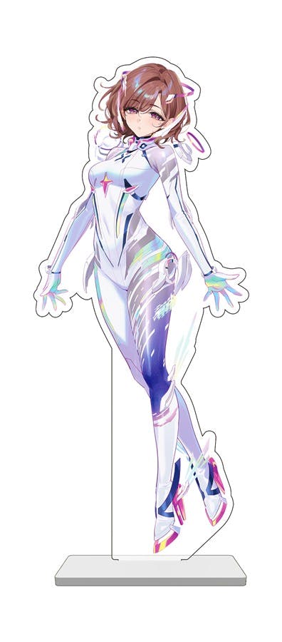 Acrylic stand of 樋口円香 showing a full-body illustration wearing a white bodysuit mounted on a rectangular base.