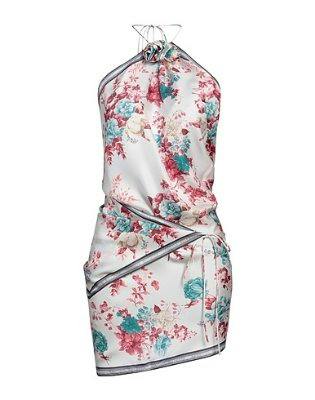 Front view of the Magda Butrym silk dress in a pink and teal floral print on a white background.