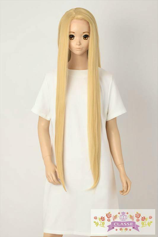 Mannequin wearing the long gold synthetic wig with a center part shown against a plain background.