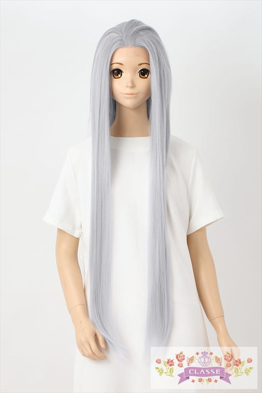 Mannequin wearing the long silver synthetic wig with a center part against a light background.