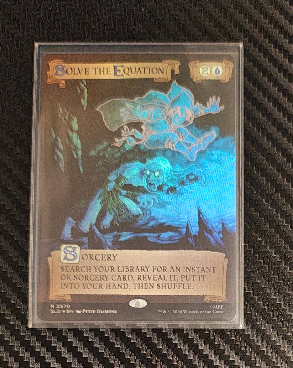 Front of the MTG trading card “Solve the Equation” (Secret Lair × Hobbit) shown in a protective sleeve with artwork and card text visible.