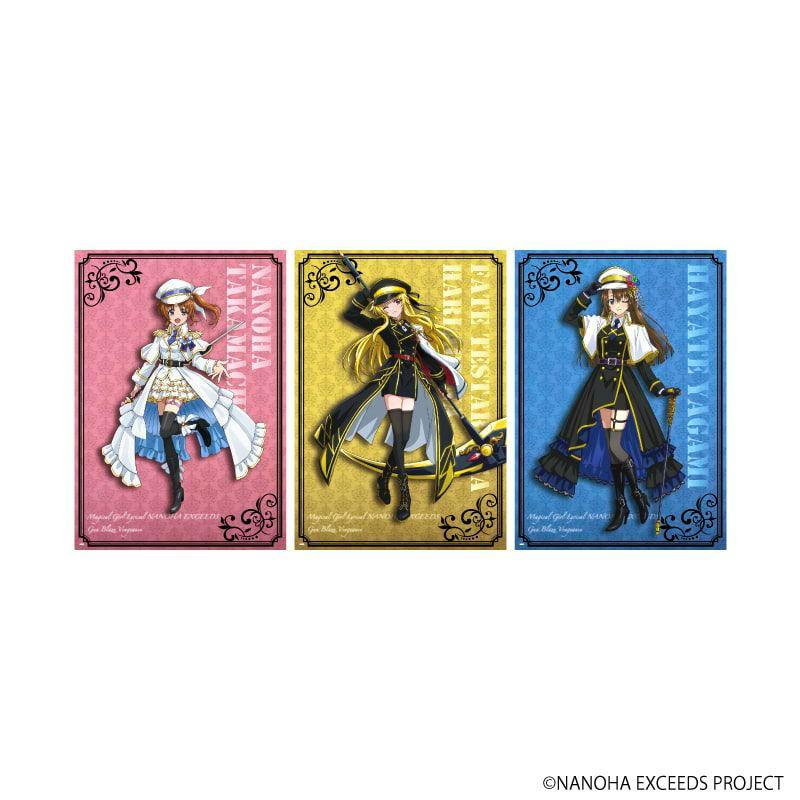 Three illustration cards from Magical Girl Lyrical Nanoha EXCEEDS showing Nanoha, Fate, and Hayate side by side.