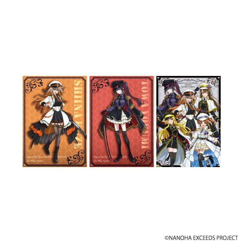 Three illustration cards from the REPLICA GENGA 3-piece set for Magical Girl Lyrical Nanoha EXCEEDS Gun Blaze Vengeance showing individual character artworks and a group image.