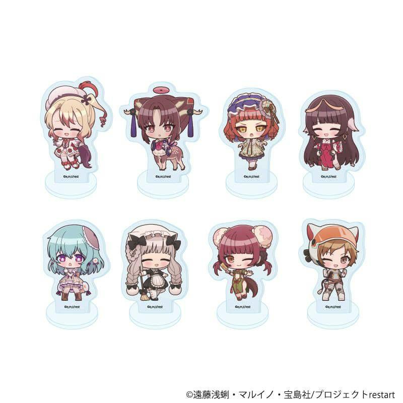 A complete set of eight chibi acrylic decorative stands from the “魔法少女育成計画restart” series arranged in two rows on a white background.