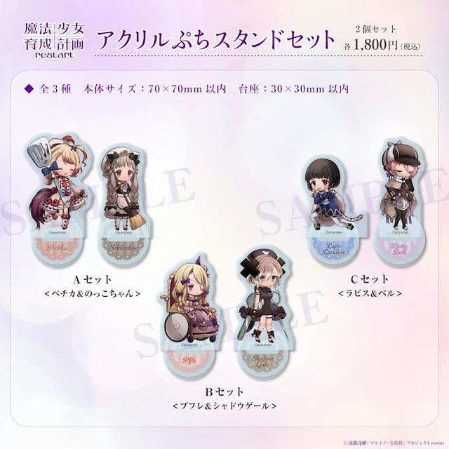 Mockup image of the A, B, and C petit acrylic stand sets showing chibi character illustrations on round bases for '魔法少女育成計画 restart'.