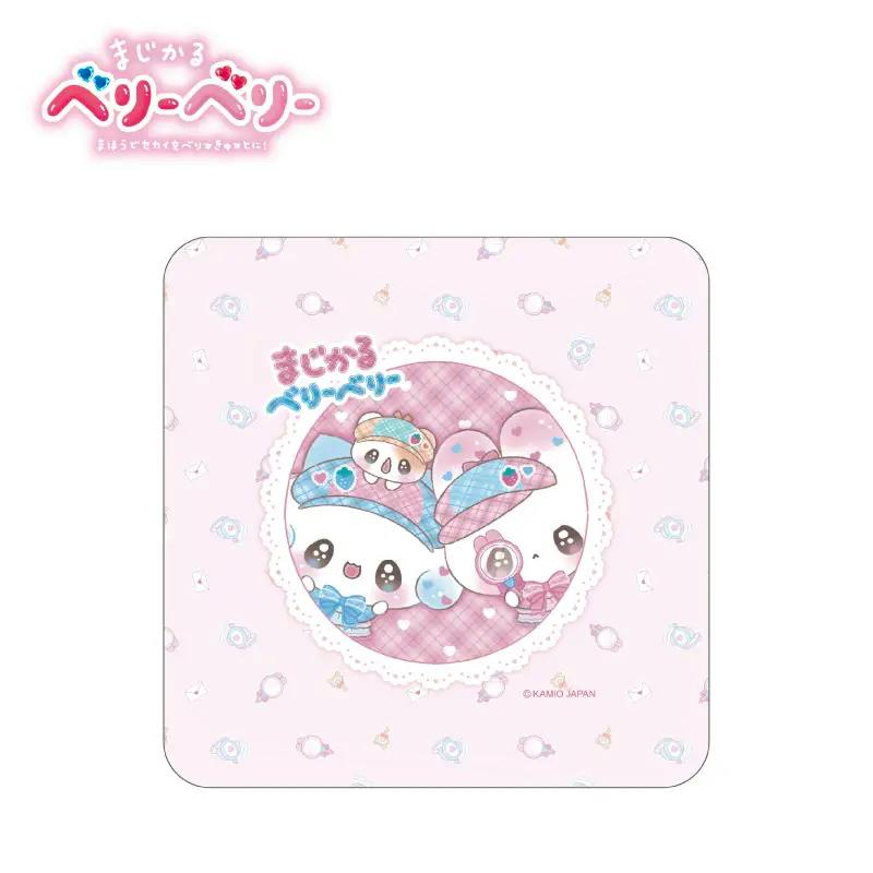 Pink mini cotton handkerchief printed with a circular illustration of two cute characters and a small logo.