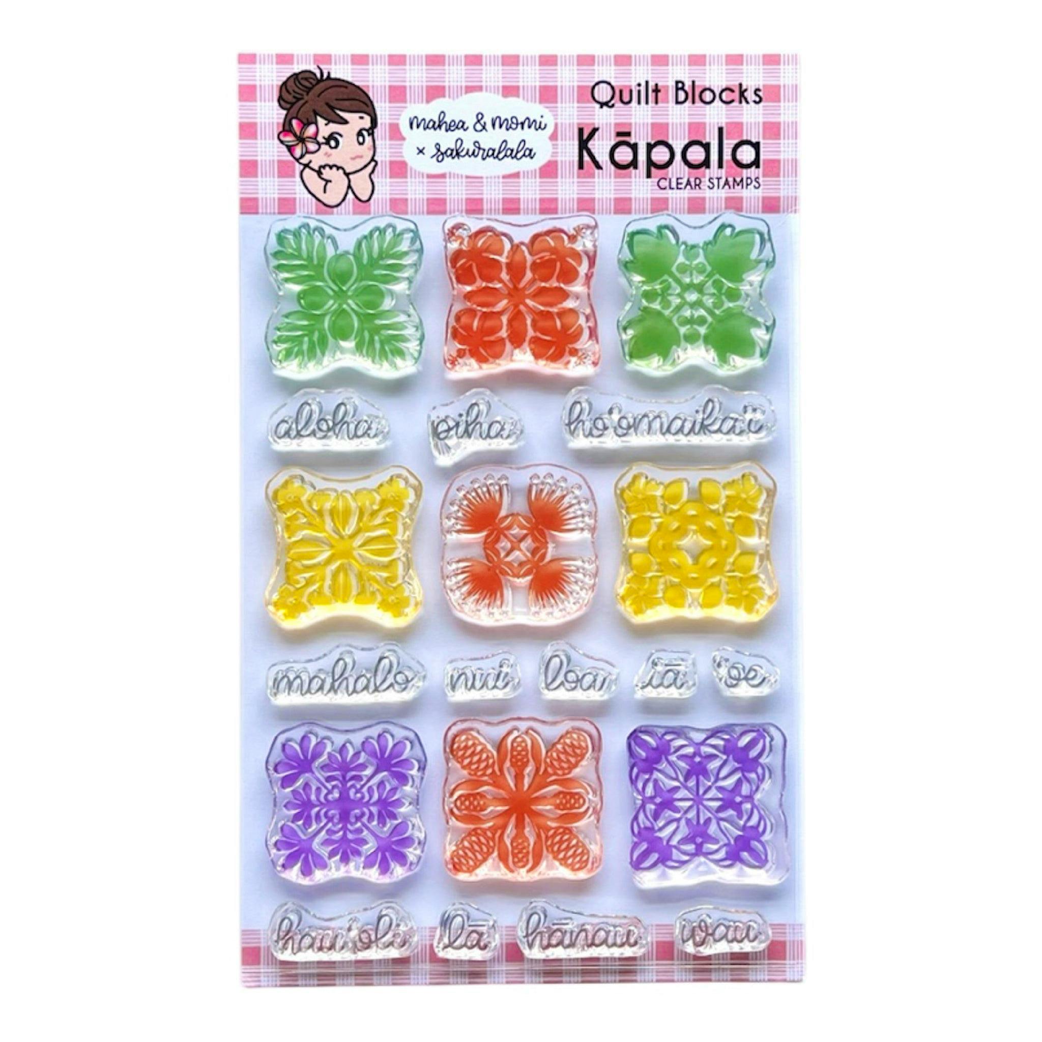 A sheet of Mahea & Momi x Sakuralala quilt-block clear sticker stamps in rows of colorful floral block designs on a backing card with a pink plaid header.