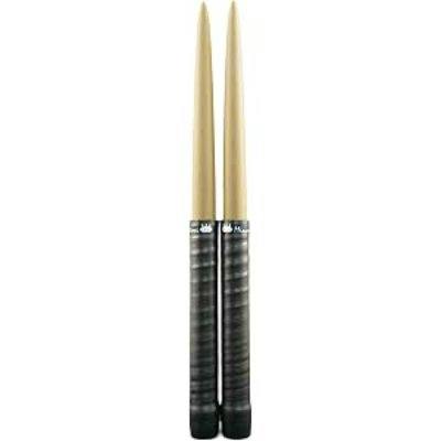 Pair of Maibachi Minamitori cypress drum sticks showing natural wood tips and black wrapped handles.