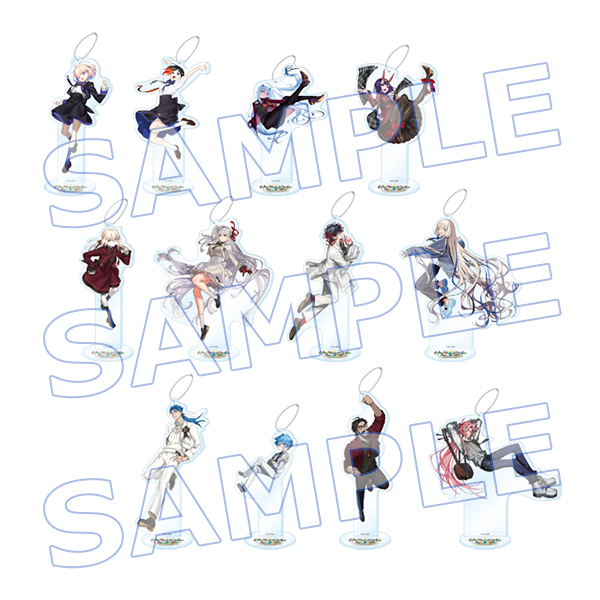 Twelve acrylic mascot decorative stands (all 12 designs) shown on a white background with SAMPLE watermark.