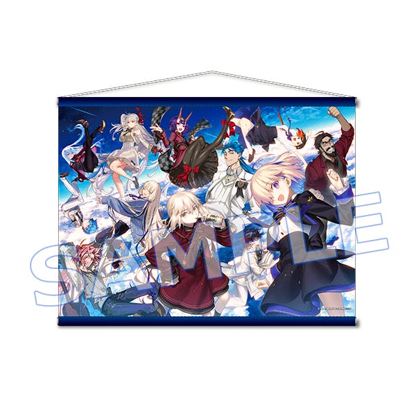 Front view of the B2 tapestry showing the main visual artwork with multiple anime-style characters and a SAMPLE watermark, displayed hanging from a top rod.
