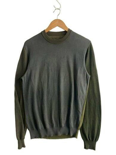 Front view of the M-size khaki cotton knit sweater hanging on a wooden hanger.