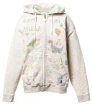 Front view of a light-colored zip-up hooded cotton sweater with printed graphics.