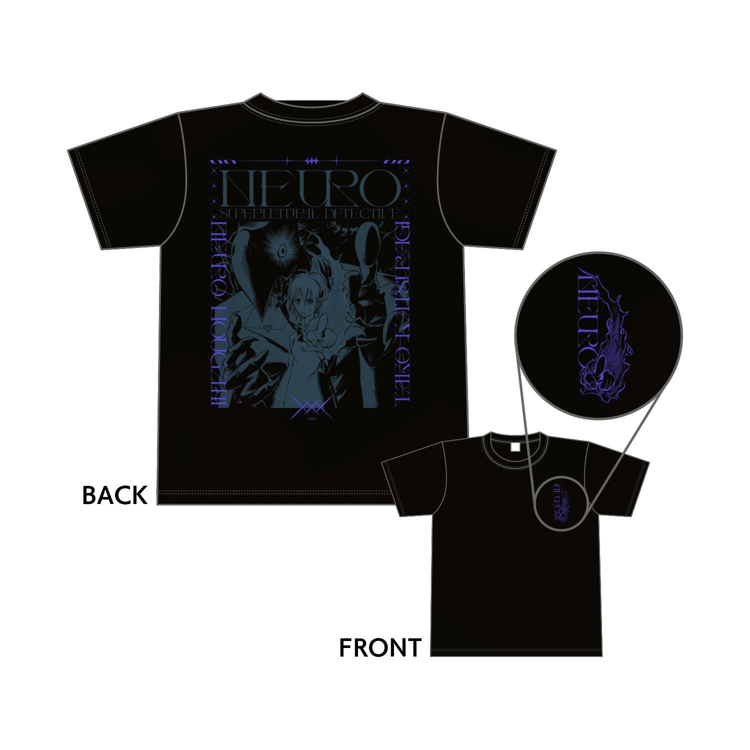 Black men's cotton T-shirt mockup showing a large back graphic with "NEURO" text and characters and a small circular front chest print.