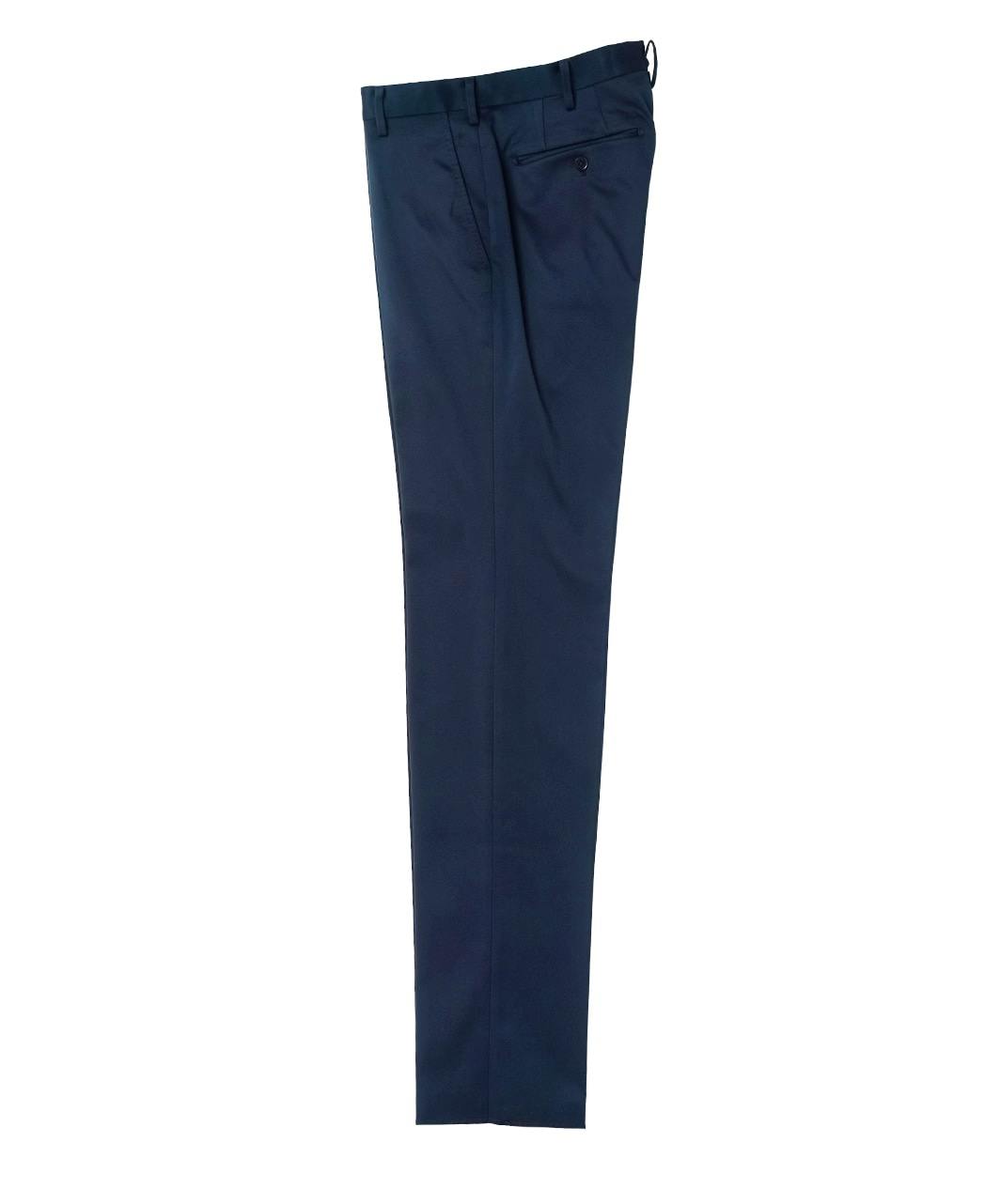 Navy easy-care chino pants laid flat on a white background, showing full length and a rear pocket.