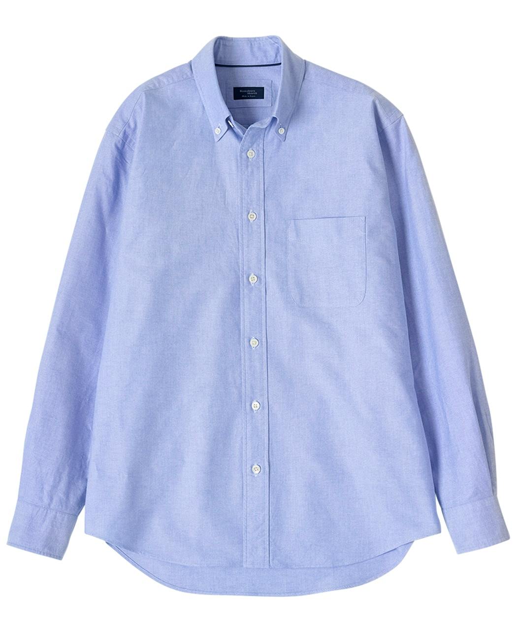 A light blue men's long-sleeve button-down cotton casual shirt laid flat on a white background.