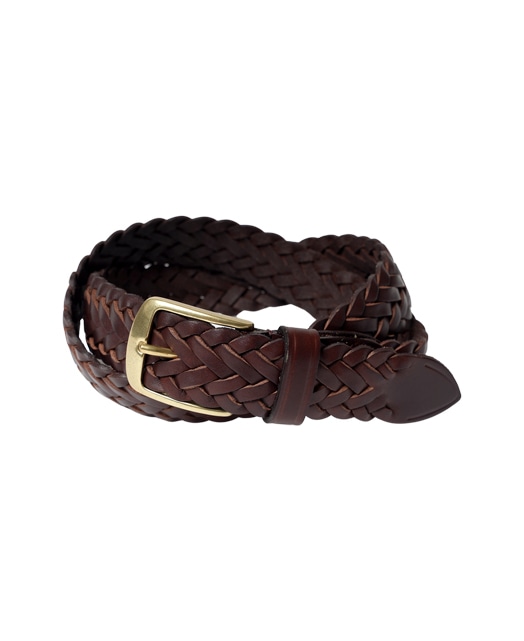 Braided brown cow leather belt with a brass buckle shown on a white background.