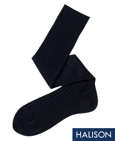 A pair of dark ribbed wool high-gauge socks displayed on a white background.