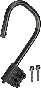 Black metal belt hook with mounting bracket and two screws on a white background.