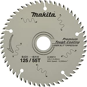 Front view of a Makita 125 mm (4.9 inch) chip saw blade showing 55 teeth and 'Premium Tough Coating' text.