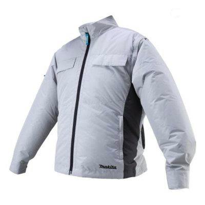 Front view of a light gray Makita men's polyester jacket with central zipper, chest pockets, darker side panels, and Makita logo at the hem.