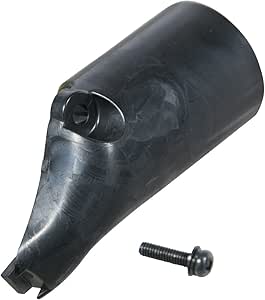 Plastic dust nozzle for a power saw shown with an accompanying screw.