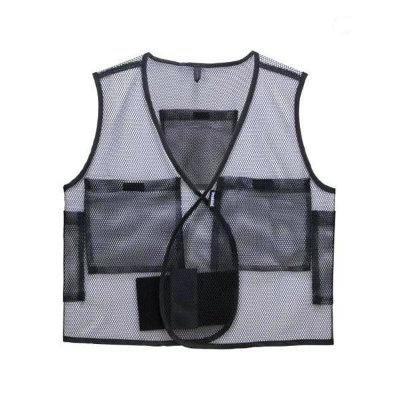 A black mesh polyester cooling vest with front pockets and straps.