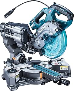Front-angle photo of the Makita LS001GZ rechargeable slide circular saw showing the blade, handle, and base.