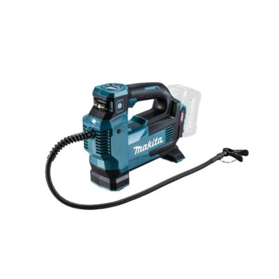 Makita MP001GZ cordless electric air pump unit (body only) shown with attached hose and clamp; battery not included.