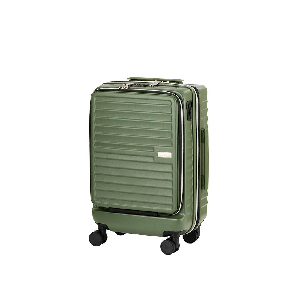Green hard-shell S-size suitcase with four spinner wheels shown on a white background.