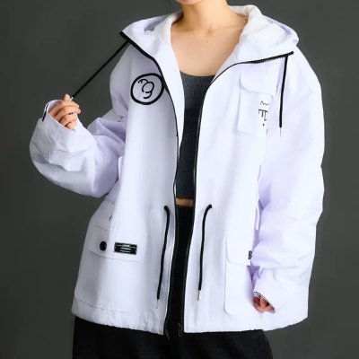 White women's hooded polyester jacket with black drawstrings worn by a model, shown front and partially unzipped.