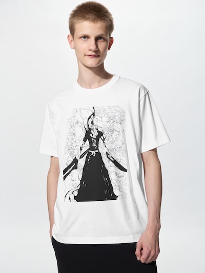 Male model wearing a white cotton T-shirt featuring a black-and-white BLEACH manga graphic on the front.