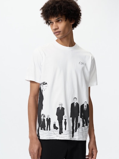 Male model wearing a white cotton T-shirt featuring black ONE PIECE manga character graphics.