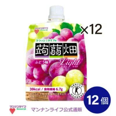 Packaging pouch of grape-flavored konnyaku jelly showing grape artwork and a blue '12' quantity marker.