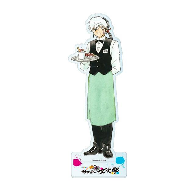 Acrylic stand of the 'MAO' character wearing a waiter uniform and green apron, holding a tray and standing on a printed base.