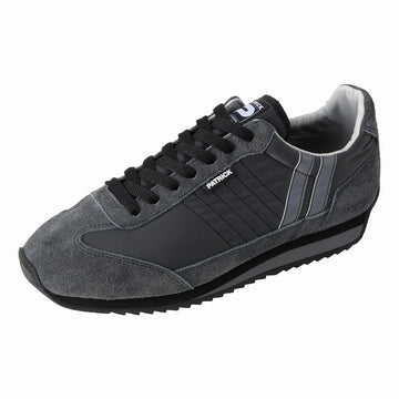 Three-quarter side view of a grey and black Marathon sneaker (nylon) with laces.