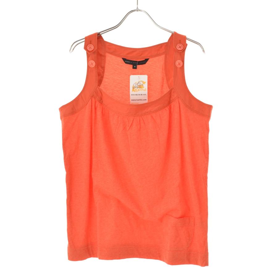 Front view of an orange sleeveless women's silk blouse hanging on a hanger against a white background.
