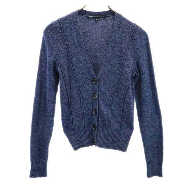 Blue wool-blend long-sleeve women's button-up cardigan (size S) hanging against a white background.