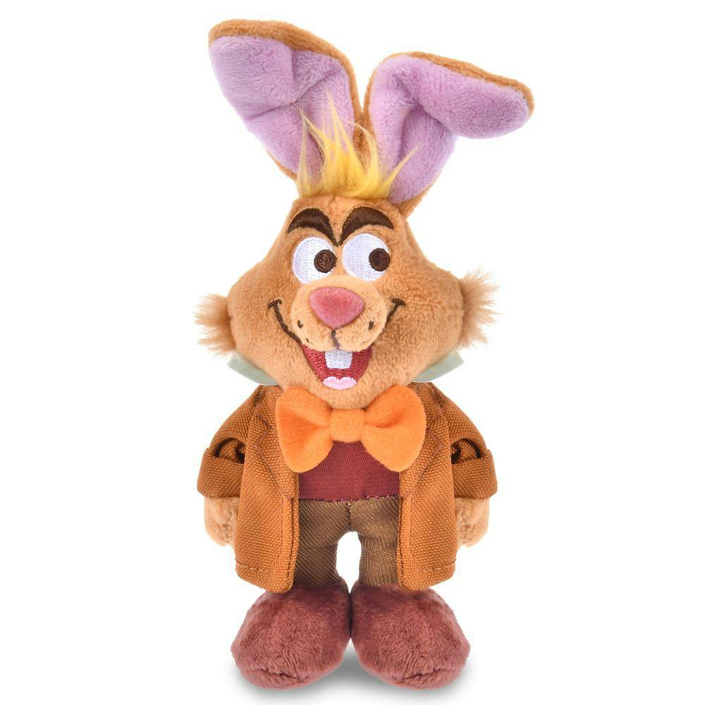 Front view of a March Hare plush toy from Disney's Alice in Wonderland wearing an orange bow and brown coat.