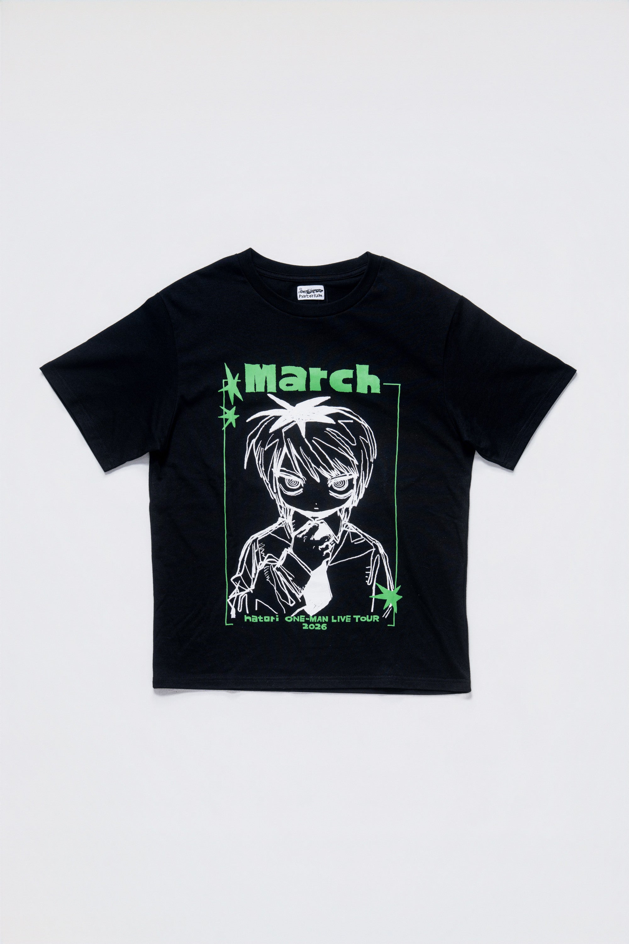 Black men's short-sleeve tee laid flat with green "March" text and a white anime-style character graphic on the front.