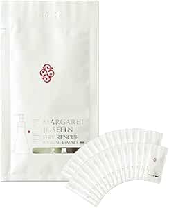 A white front pouch labeled Margaret Josephin Dry Rescue Washing Essence with a fanned display of thirty individual 0.1 fl oz (3 ml) sachet bags.