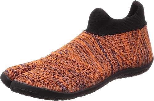 Orange men's tabi-type barefoot training shoes shown from a three-quarter view on a white background.