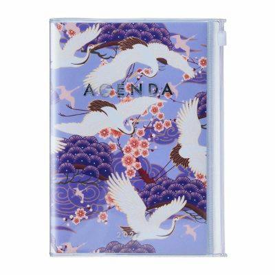 Front of MARK'S 2027 planner (B6 modified) showing a purple cover with cranes, plum blossoms, and the word "AGENDA" inside a clear zip pouch.