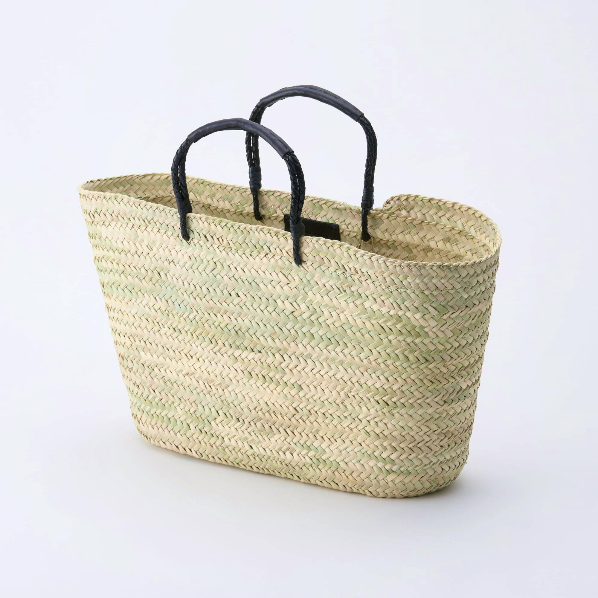 Close-up of a woven straw market basket bag showing its black braided handles and upper body.