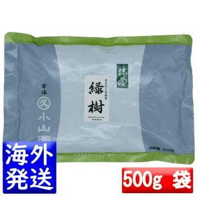 Front view of a 500g aluminum bag of Marukyu Koyamaen MIDORIGI matcha powdered green tea in gray and green packaging.