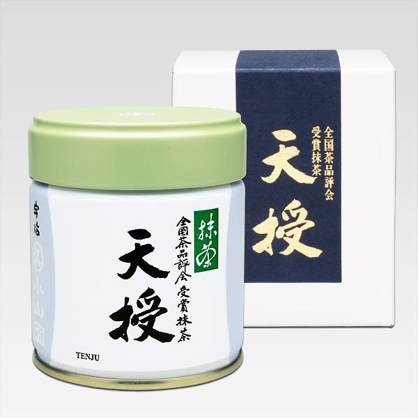 Product tin of matcha (40g) labeled with Japanese calligraphy '天授' shown next to its outer box.