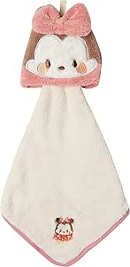 Hanging hand towel showing a Minnie-style plush head with a pink bow above a cream-colored towel panel embroidered with a small Minnie motif.
