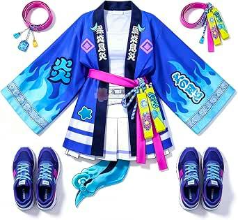 Flat-lay image of the Vtuber 熱千めら cosplay costume showing a blue kimono-style jacket, white pleated skirt, colorful sashes, and matching blue sneakers.