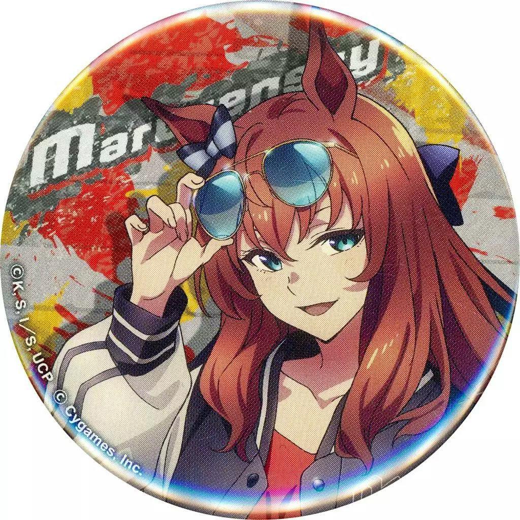Round trading can badge depicting Maruzensky from Uma Musume Cinderella Gray (rebellious style) with the character lifting sunglasses.