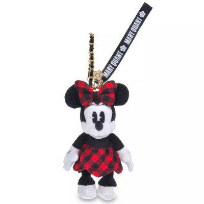 Plush Minnie keychain wearing a red-and-black checkered dress and bow, with a gold chain and a branded black ribbon attached.