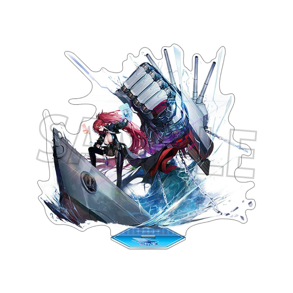 An acrylic stand depicting the character メリーランド 改 in a dynamic pose with ship parts and water effects on a white background.